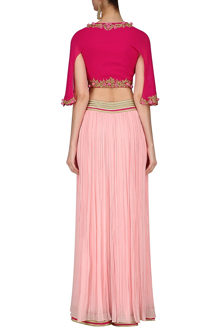 Fuschia pink floral work cape top, palazzo and draped skirt set available only at Pernia's Pop Up Shop.