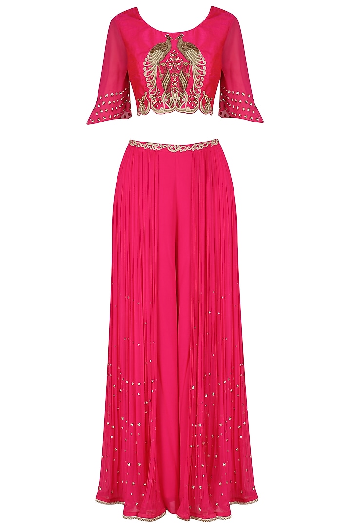 Fuschia pink peacock motifs cape top, palazzo and draped skirt set available only at Pernia's Pop Up Shop.