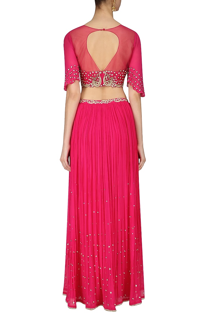 Fuschia pink peacock motifs cape top, palazzo and draped skirt set available only at Pernia's Pop Up Shop.