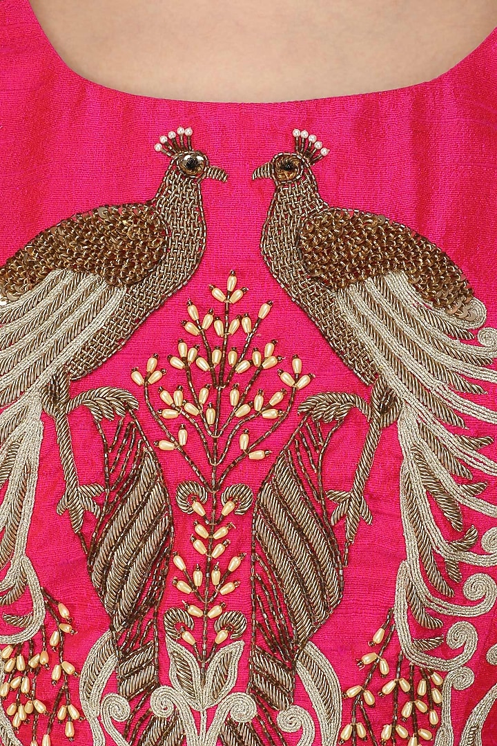 Fuschia pink peacock motifs cape top, palazzo and draped skirt set available only at Pernia's Pop Up Shop.