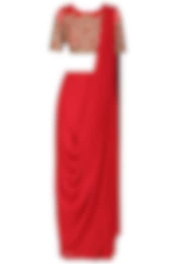 Red Silk Georgette Draped Pant Saree Set by Limerick By Abirr N' Nanki
