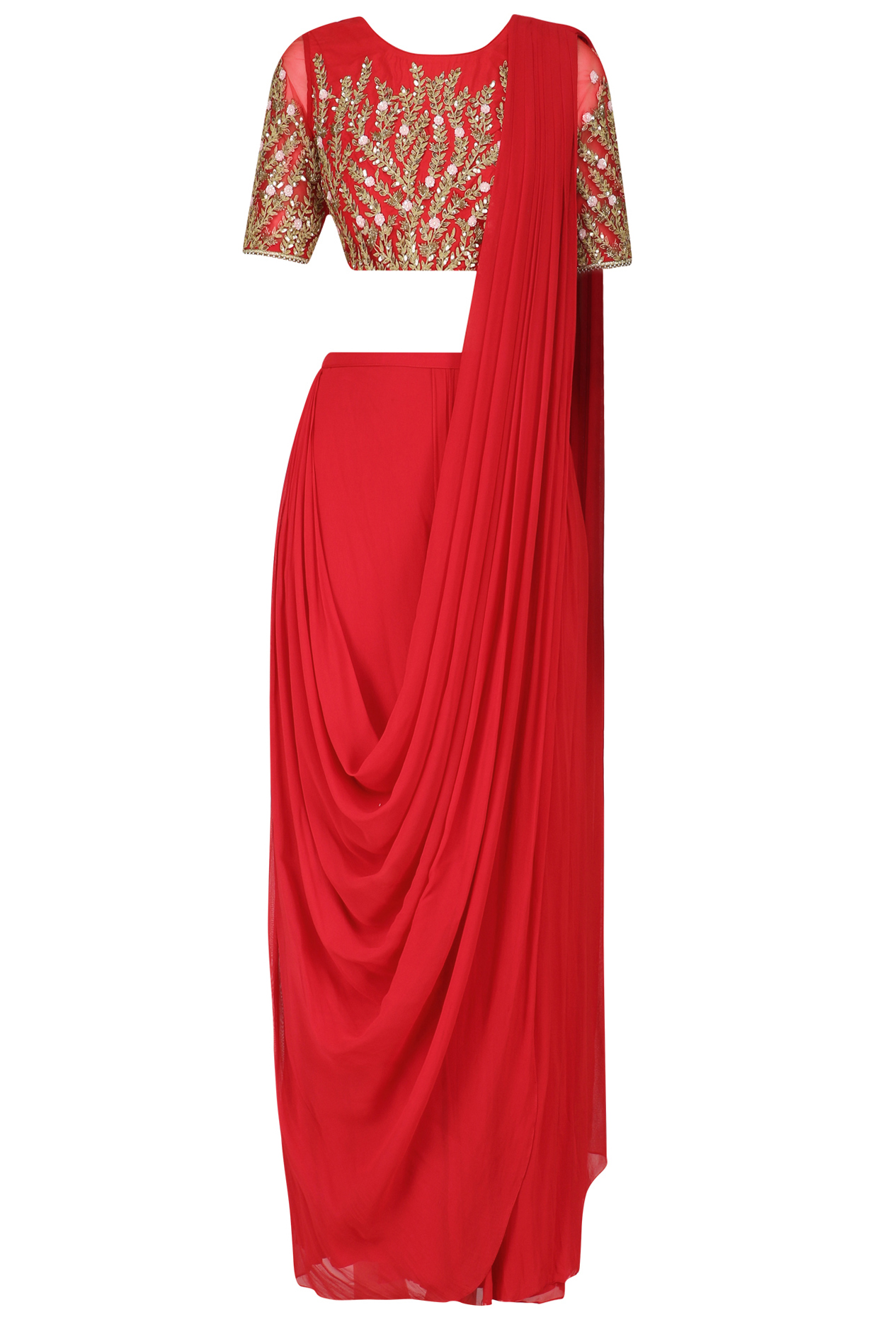 Red Silk Georgette Draped Pant Saree Set by Limerick By Abirr N' Nanki