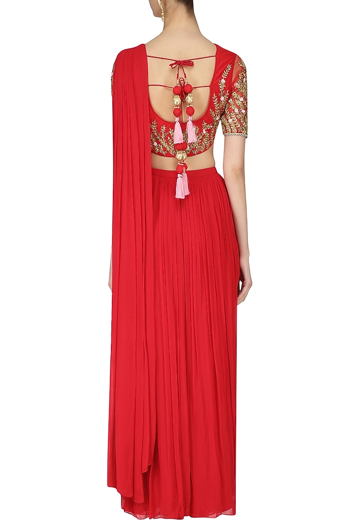 Red embroidered blouse and pant saree set available only at Pernia's Pop Up Shop.
