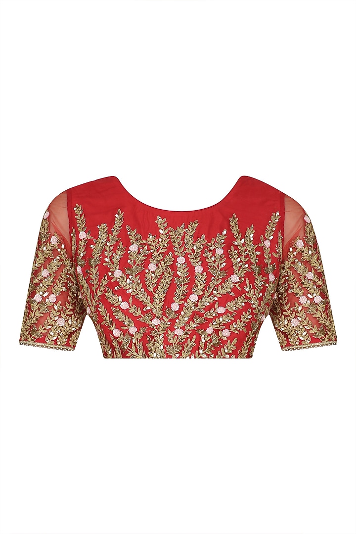Red embroidered blouse and pant saree set available only at Pernia's Pop Up Shop.