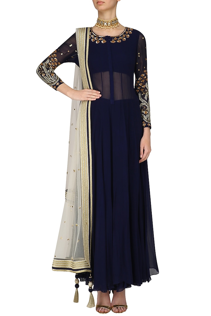 Navy blue floral embroidered anarkali set available only at Pernia's Pop Up Shop.