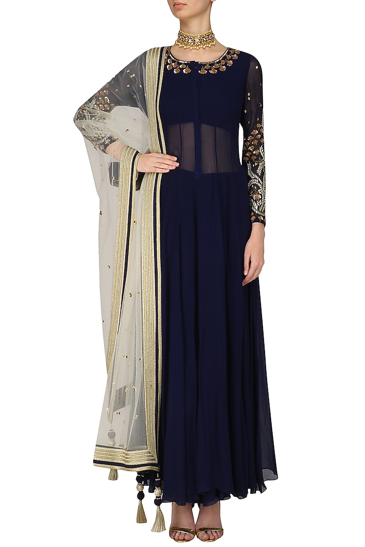 Navy blue floral embroidered anarkali set available only at Pernia's Pop Up Shop.
