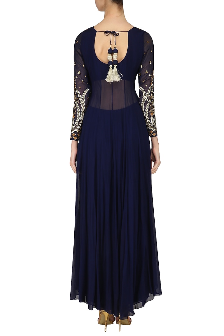 Navy blue floral embroidered anarkali set available only at Pernia's Pop Up Shop.