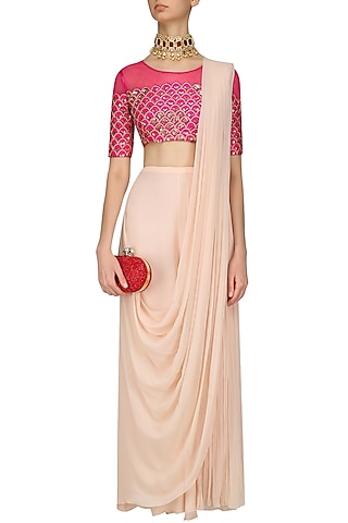 Peach Silk Georgette Draped Pant Saree Set by limerick by abirr n' nanki
