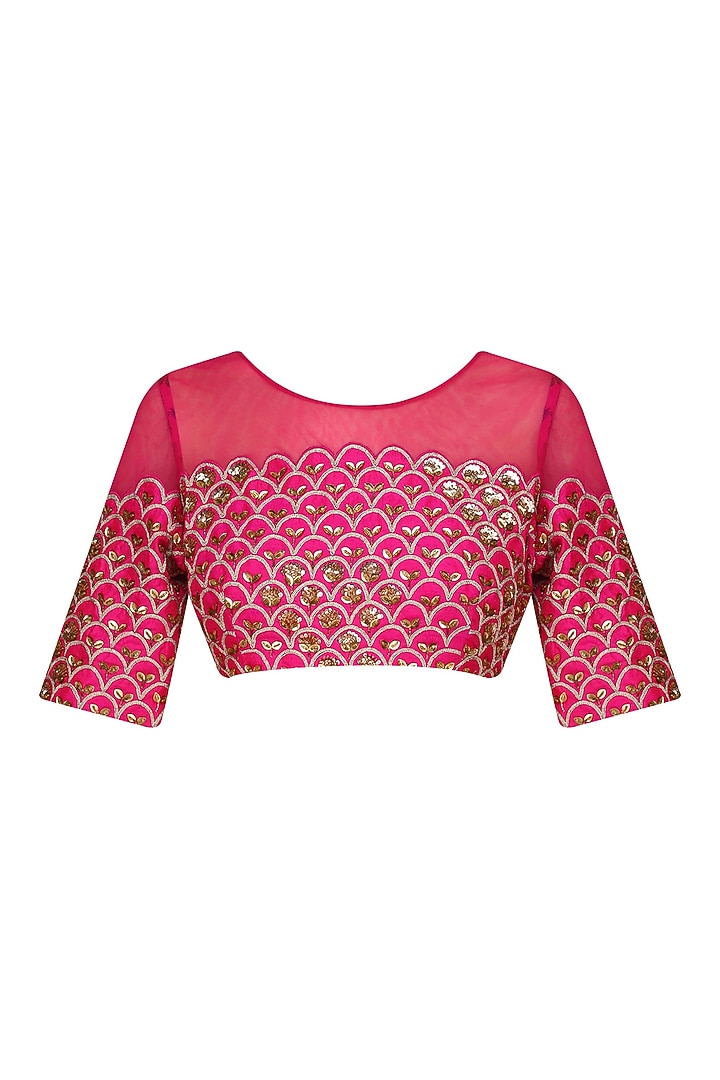 Fuschia pink embroidered blouse and pant saree set available only at Pernia's Pop Up Shop.