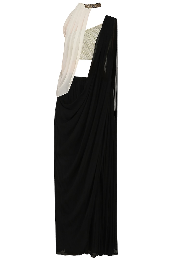 Black prestitched saree with off white blouse and cape available only at Pernia's Pop Up Shop.