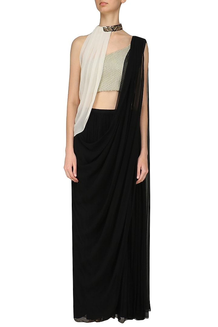 Black prestitched saree with off white blouse and cape available only at Pernia's Pop Up Shop.