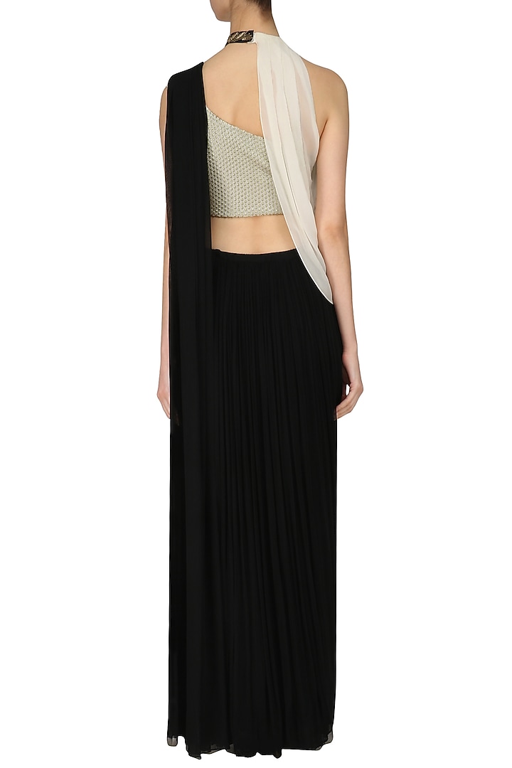 Black prestitched saree with off white blouse and cape available only at Pernia's Pop Up Shop.