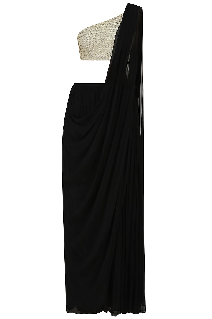 Black prestitched saree with off white blouse and cape available only ...