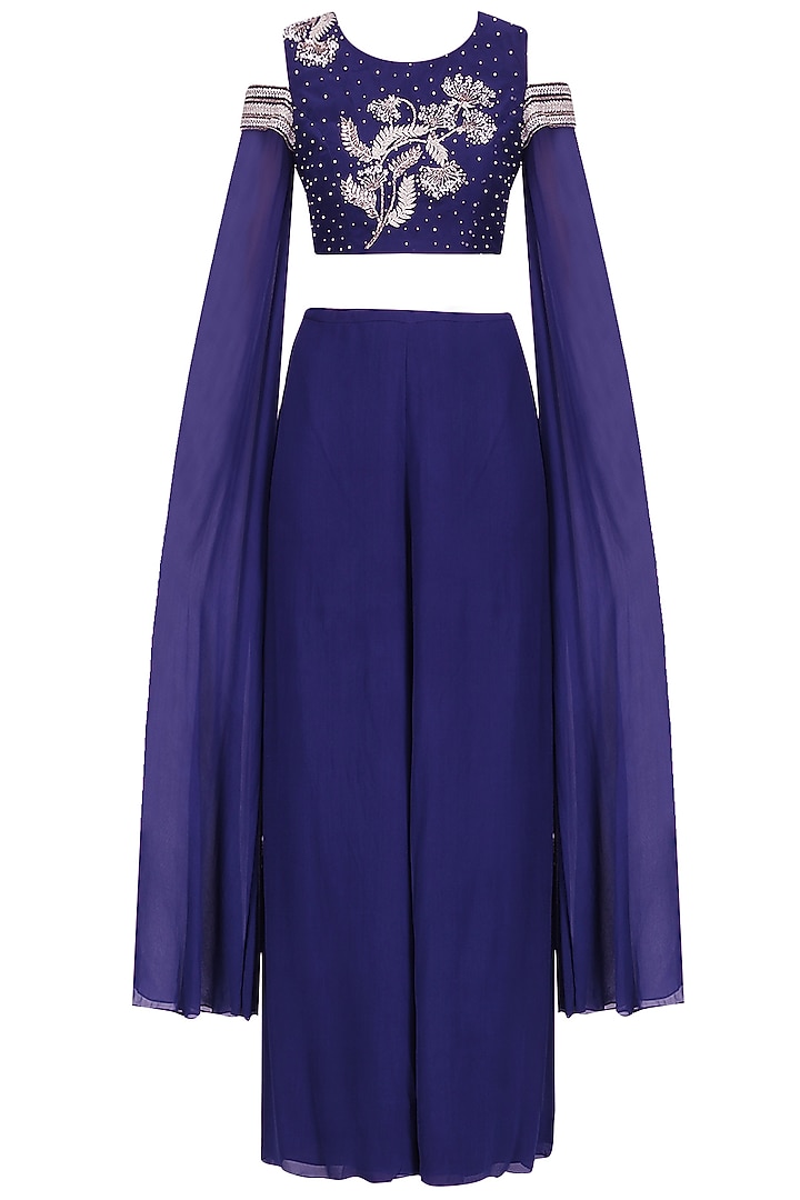 Royal blue floral embroidery crop top with draped palazzos available only at Pernia's Pop Up Shop.