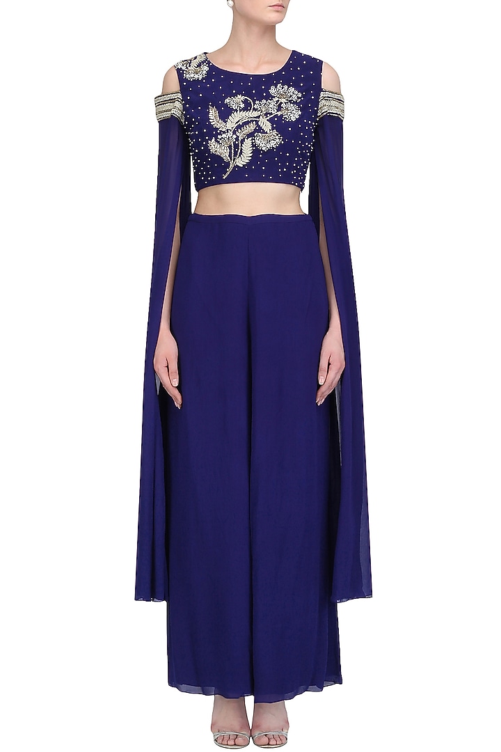 Royal blue floral embroidery crop top with draped palazzos available only at Pernia's Pop Up Shop.