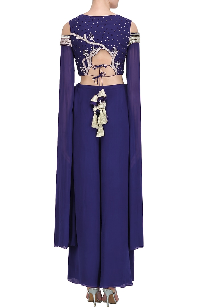 Royal blue floral embroidery crop top with draped palazzos available only at Pernia's Pop Up Shop.