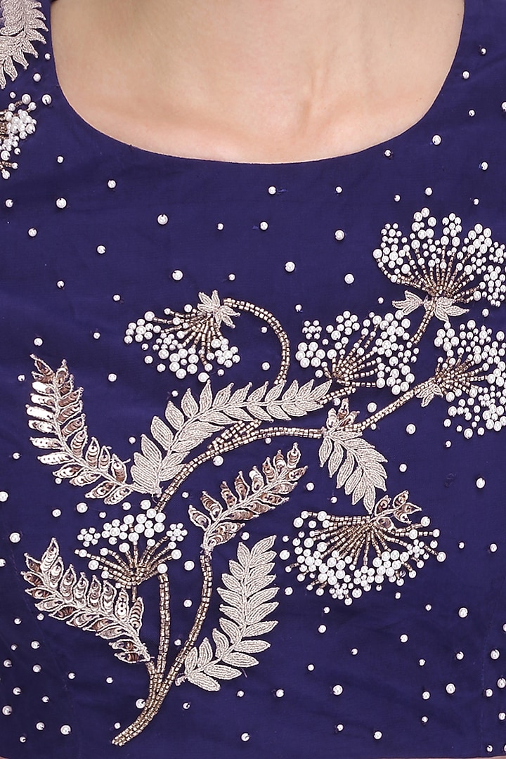 Royal blue floral embroidery crop top with draped palazzos available only at Pernia's Pop Up Shop.