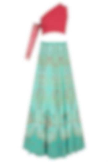 Red embroidered off shoulder crop Top with turquoise printed skirt available only at Pernia's Pop Up Shop.