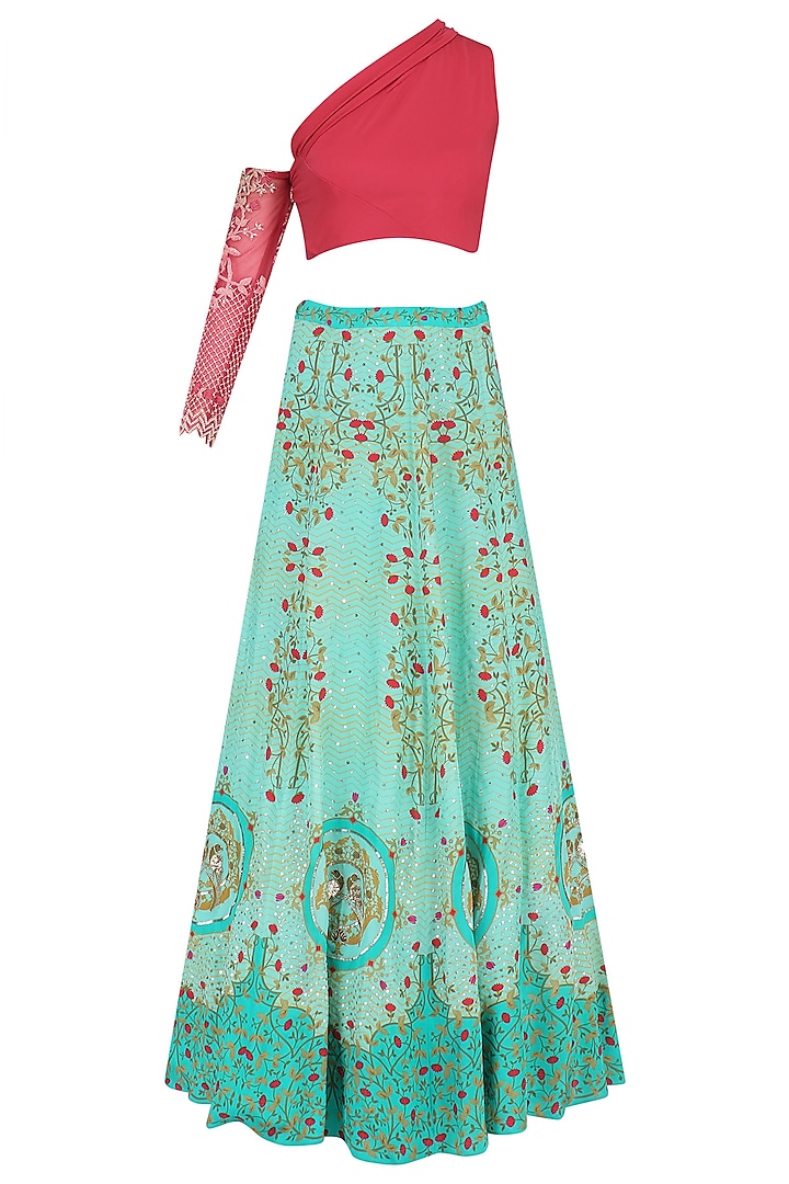 Red Embroidered Off Shoulder Crop Top with Turquoise Printed Skirt by Limerick By Abirr N' Nanki