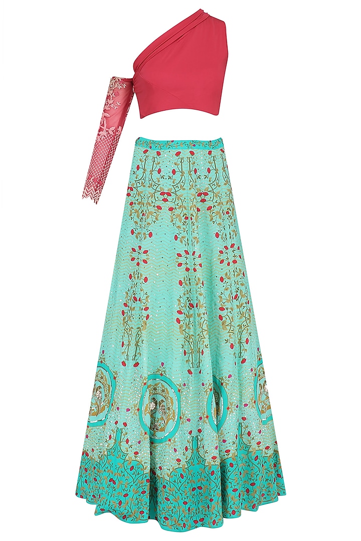 Red embroidered off shoulder crop Top with turquoise printed skirt available only at Pernia's Pop Up Shop.