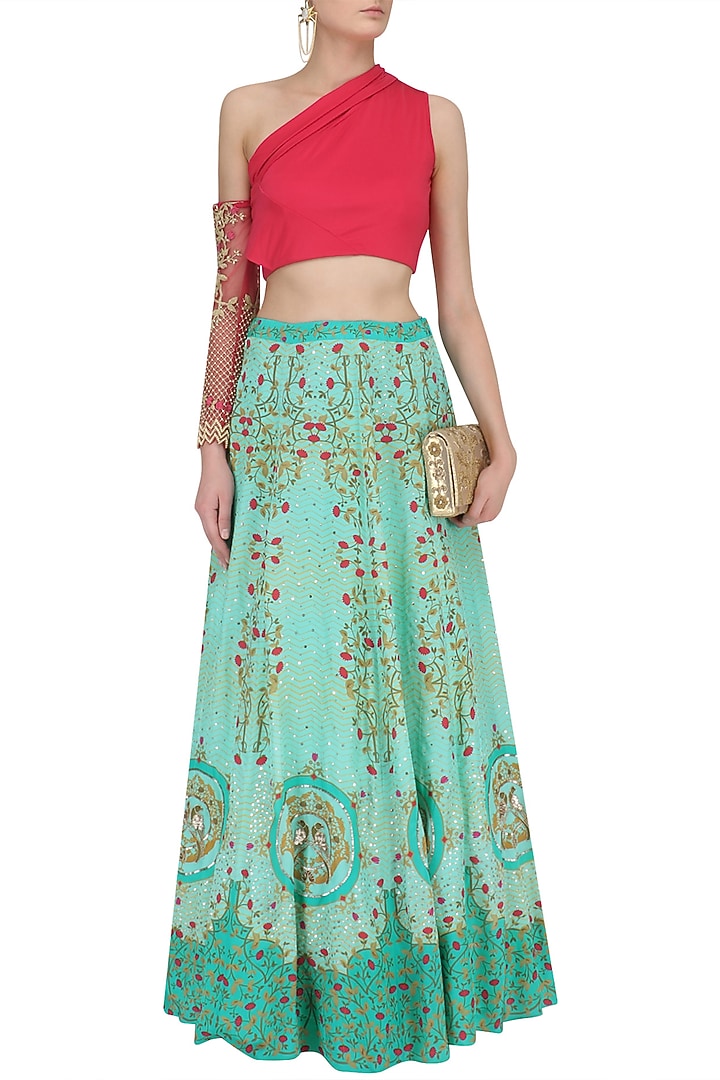 Red embroidered off shoulder crop Top with turquoise printed skirt available only at Pernia's Pop Up Shop.