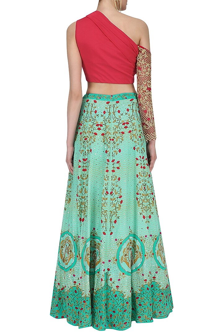 Red embroidered off shoulder crop Top with turquoise printed skirt available only at Pernia's Pop Up Shop.