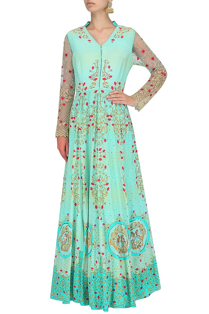 Turquoise pearl, sequins and bead work maxi Dress available only at Pernia's Pop Up Shop.
