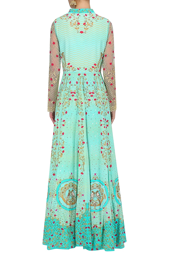 Turquoise pearl, sequins and bead work maxi Dress available only at Pernia's Pop Up Shop.