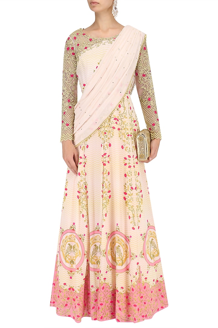 Blush pink pearl and sequins printed cape dress available only at Pernia's Pop Up Shop.