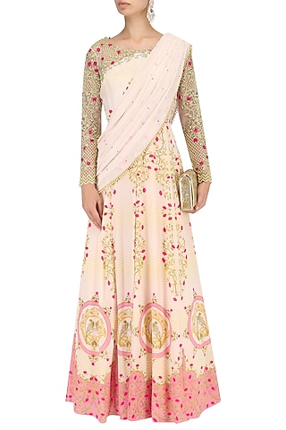 Blush Pink Pearl and Sequins Printed Cape Dress by Limerick By Abirr N' Nanki