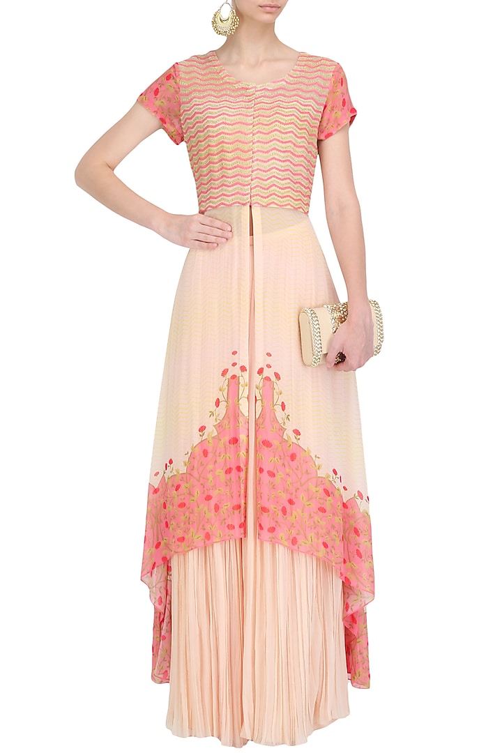 Blush pink cord embroidered asymmetrical kurta and sharara set available only at Pernia's Pop Up Shop.