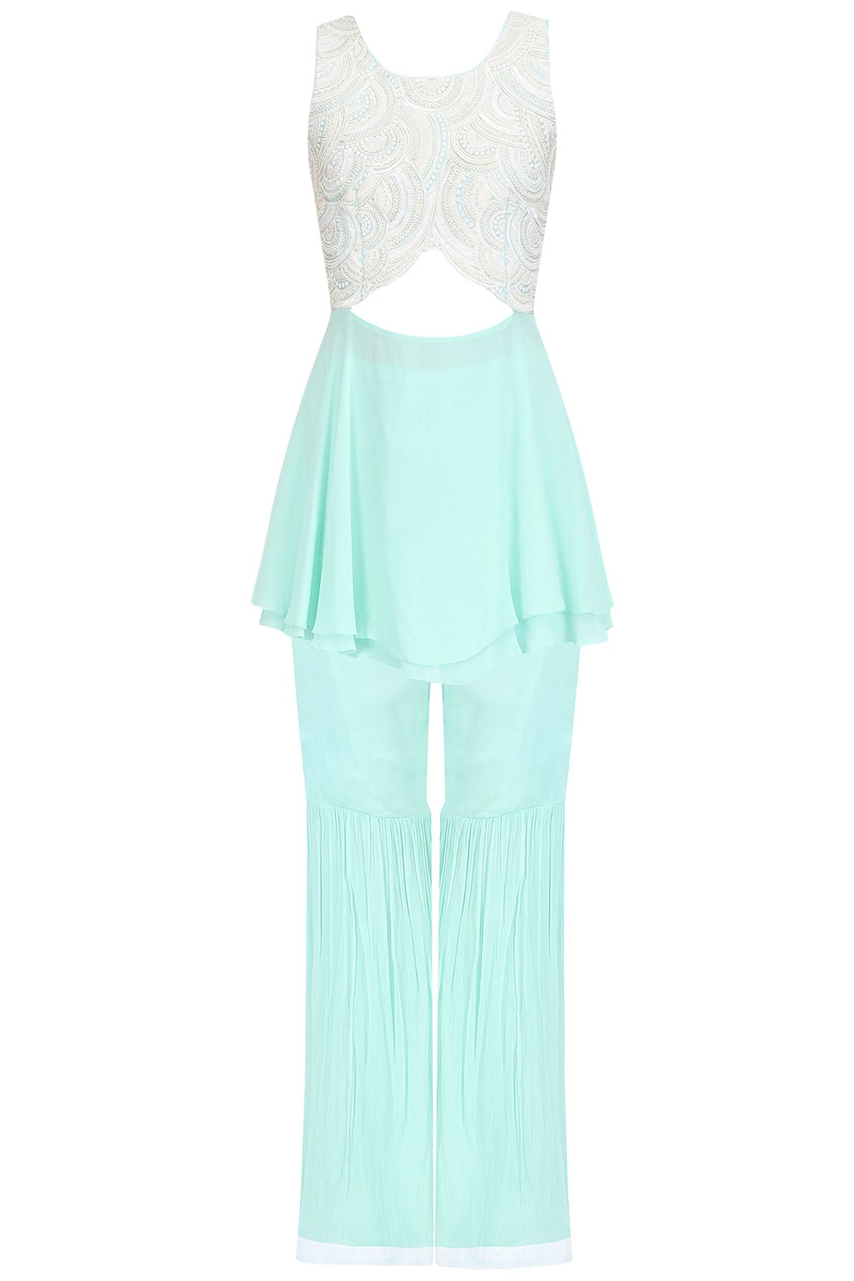 Mint sequins and bead short kurta with crinkled sharara set available only at Pernia's Pop Up Shop.