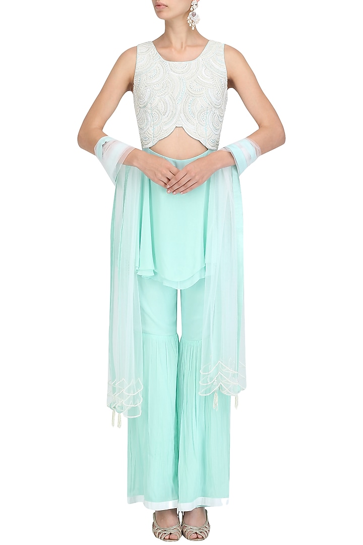 Mint sequins and bead short kurta with crinkled sharara set available only at Pernia's Pop Up Shop.