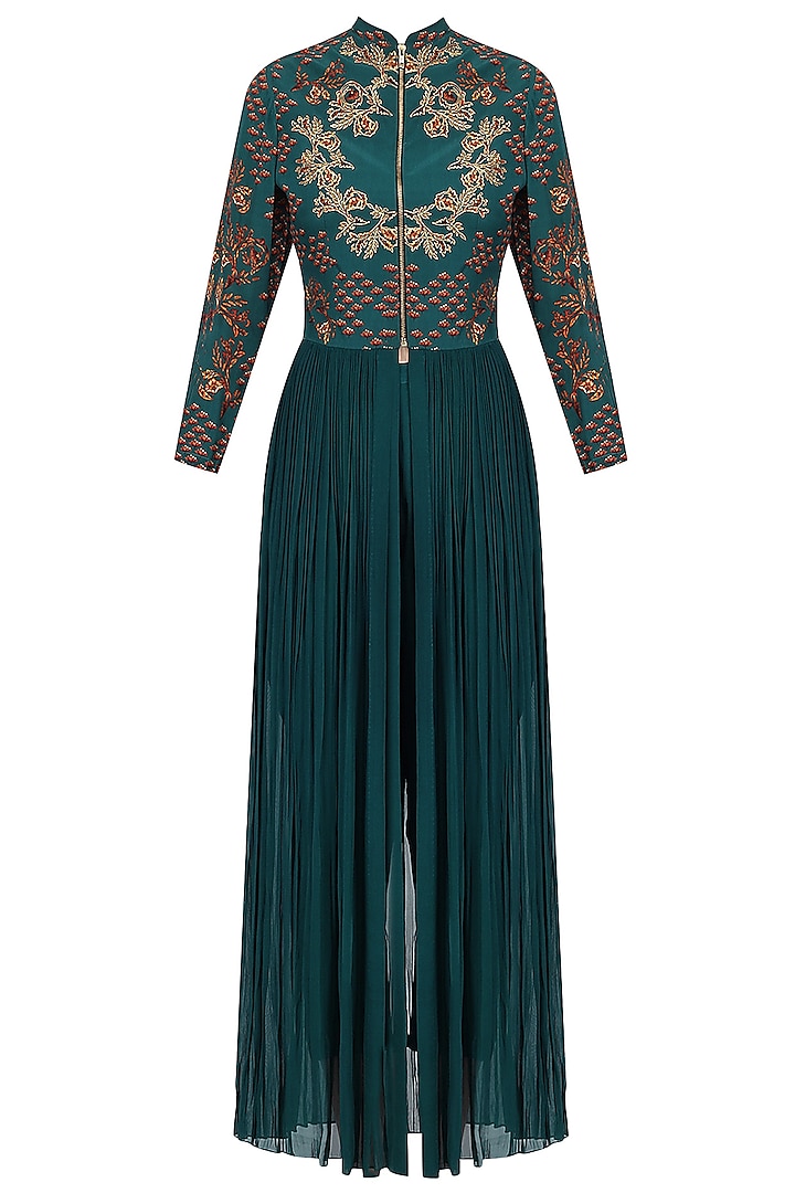 Deep Green Crewel Embroidered Full Length Tunic with Pants by Limerick By Abirr N' Nanki