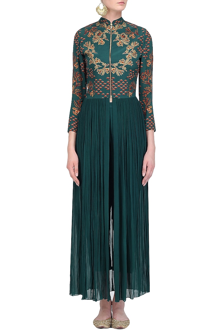 Deep green crewel embroidered full length tunic with pants available only at Pernia's Pop Up Shop.