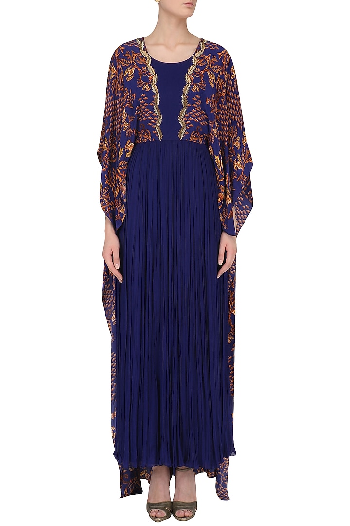 Royal blue dabka embroidered cape dress available only at Pernia's Pop Up Shop.