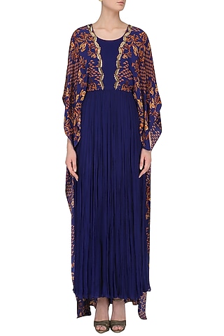 Royal Blue Dabka Embroidered Cape Dress by Limerick By Abirr N' Nanki