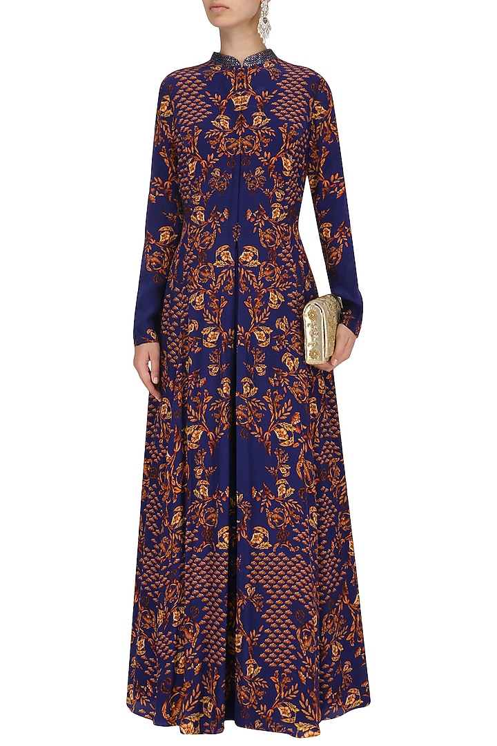 Royal blue beadwork anarkali with crinkled sharara set available only at Pernia's Pop Up Shop.