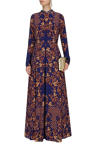 Royal Blue Silk Crepe Printed & Bead Embellished Anarkali Set by Limerick By Abirr N' Nanki