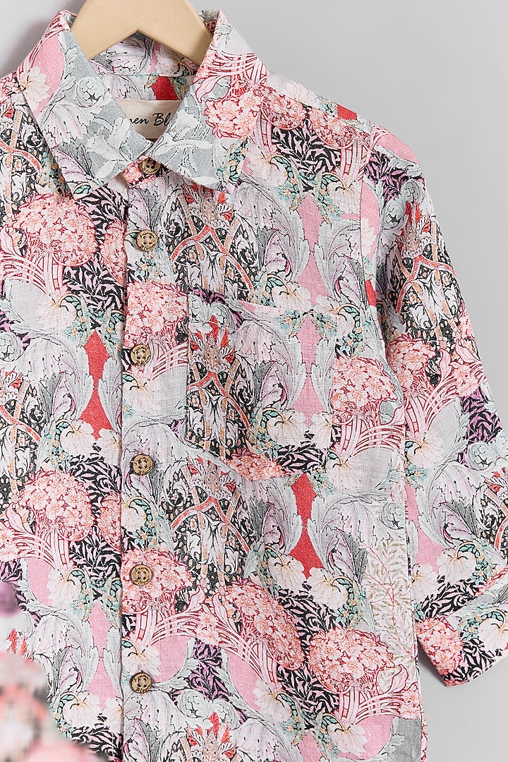 Pink Linen Tapestry Printed Shirt For Kids by Linen Bloom - Kids at Pernia's Pop Up Shop
