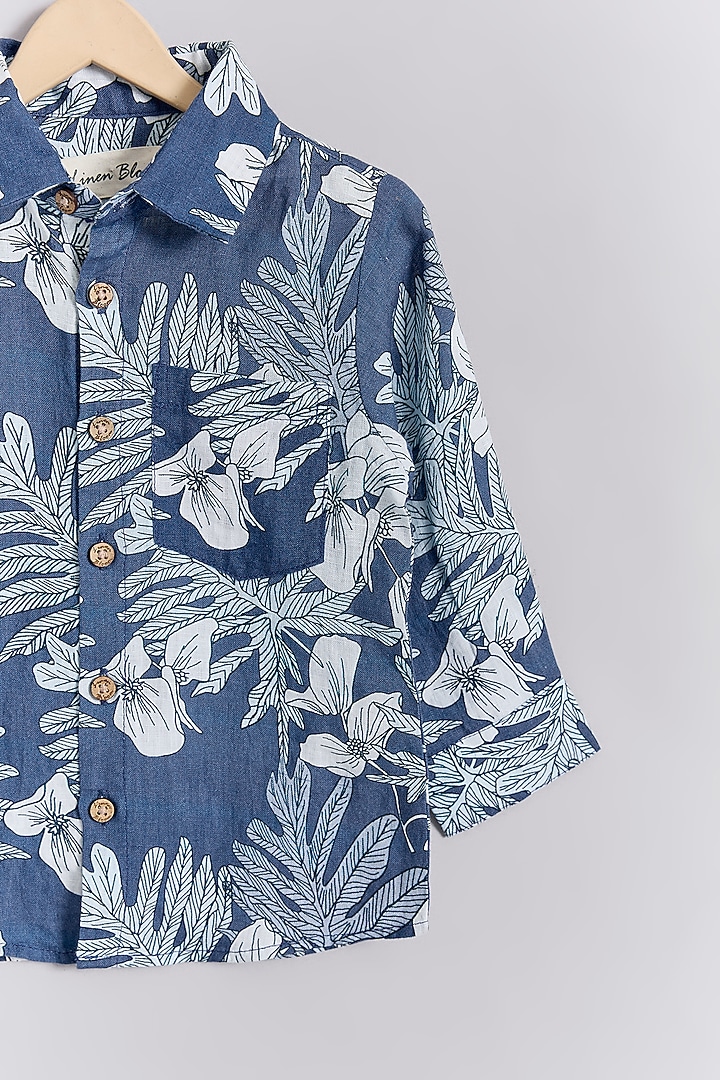 Midnight Blue Linen Royal Printed Shirt For Kids by Linen Bloom - Kids at Pernia's Pop Up Shop