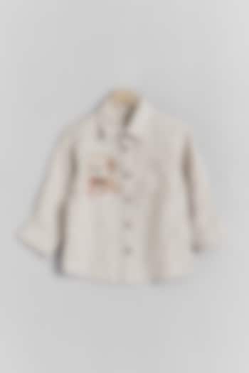 Beige Linen Dog & Cat Embroidered Shirt For Kids by Linen Bloom - Kids at Pernia's Pop Up Shop