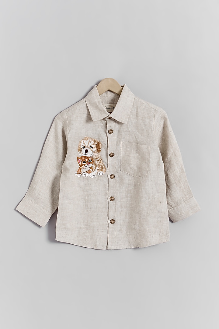 Beige Linen Dog & Cat Embroidered Shirt For Kids by Linen Bloom - Kids at Pernia's Pop Up Shop