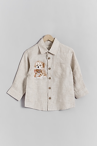 Beige Linen Dog & Cat Embroidered Shirt For Kids by Linen Bloom - Kids