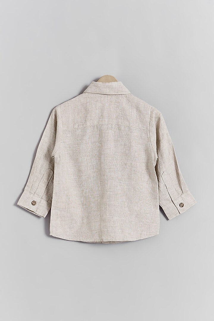 Beige Linen Dog & Cat Embroidered Shirt For Kids by Linen Bloom - Kids at Pernia's Pop Up Shop