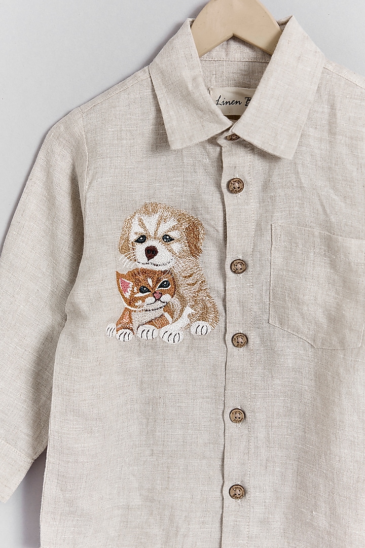 Beige Linen Dog & Cat Embroidered Shirt For Kids by Linen Bloom - Kids at Pernia's Pop Up Shop