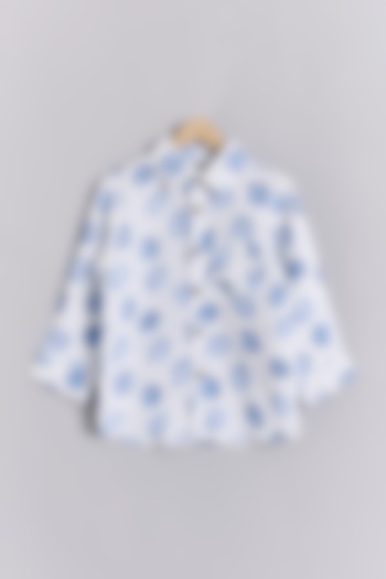 White Linen Blue Dot Printed Shirt For Kids by Linen Bloom - Kids at Pernia's Pop Up Shop