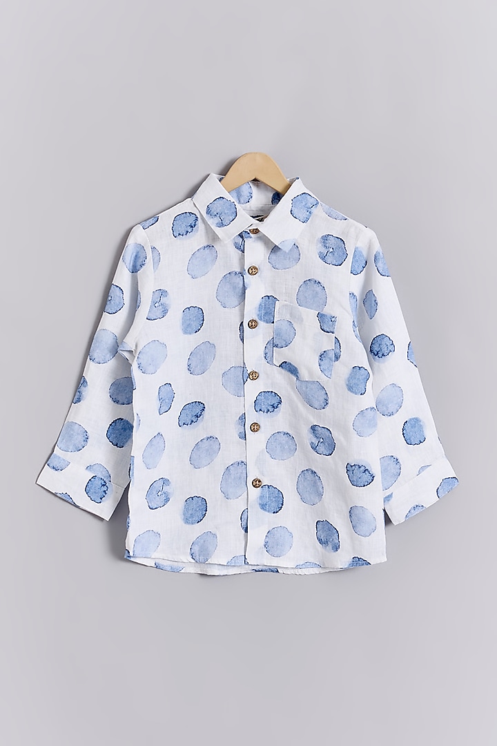 White Linen Blue Dot Printed Shirt For Kids by Linen Bloom - Kids at Pernia's Pop Up Shop