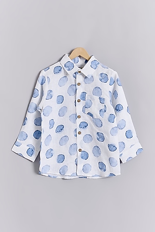 White Linen Blue Dot Printed Shirt For Kids by Linen Bloom - Kids