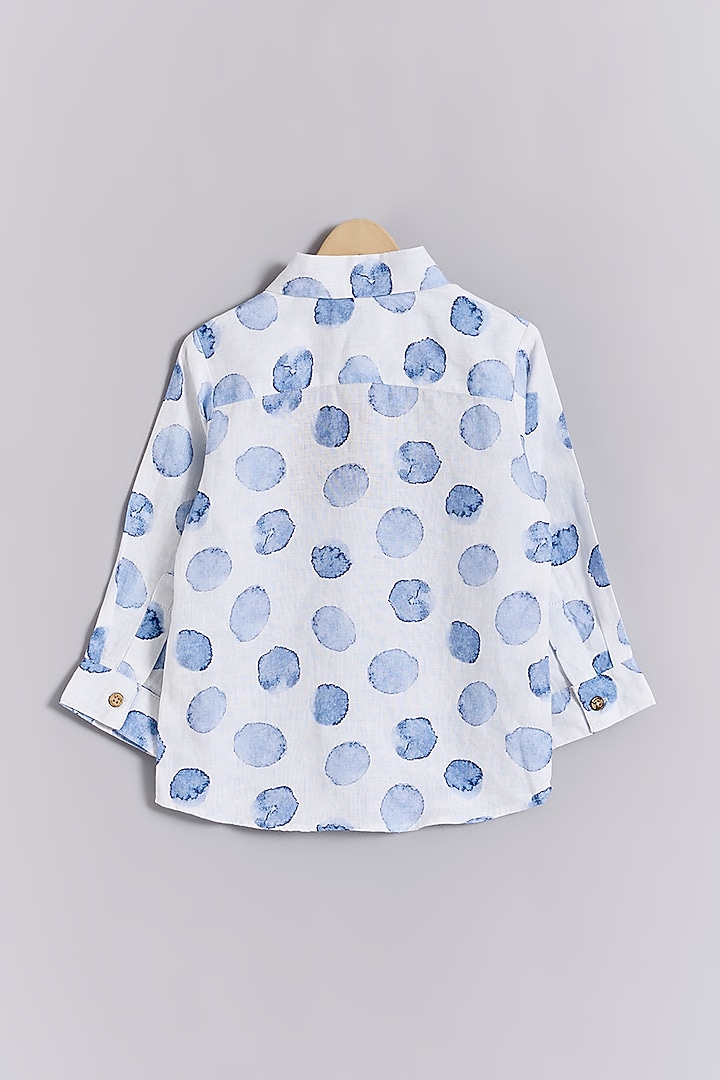 White Linen Blue Dot Printed Shirt For Kids by Linen Bloom - Kids at Pernia's Pop Up Shop